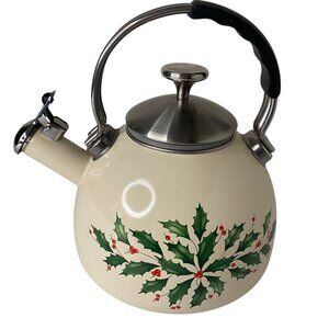Lenox Holiday Holly Tea Whistling Kettle 2.5 Qt Cream Enamel Christmas Decor